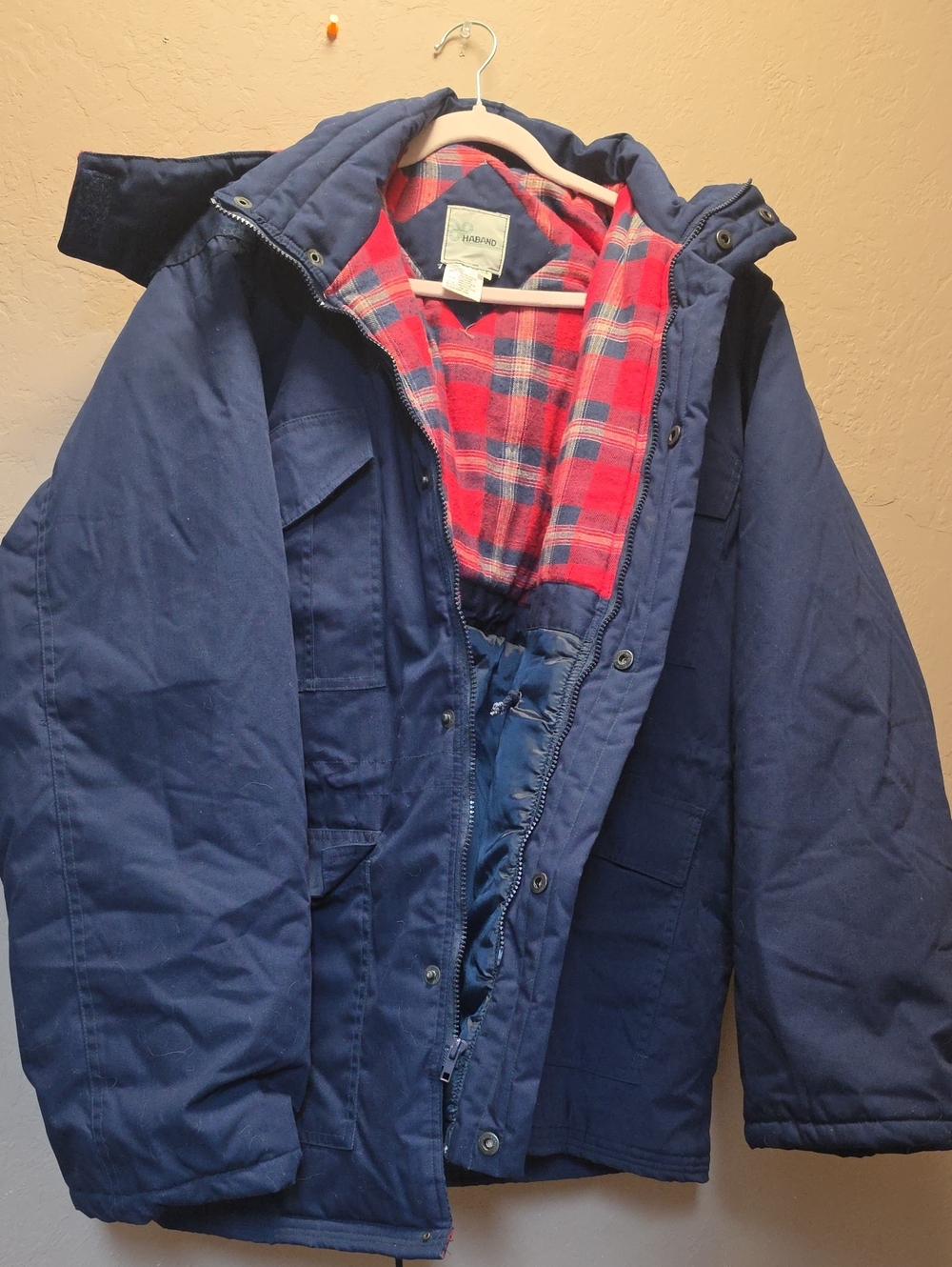HABAND Men’s Navy Parka POLY FILLER JACKET with Red Plaid Lining Sz 2XL #2619